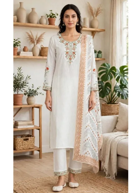 Vf 54 Rayon Slub With Embroidery Work Kurti With Bottom Dupatta